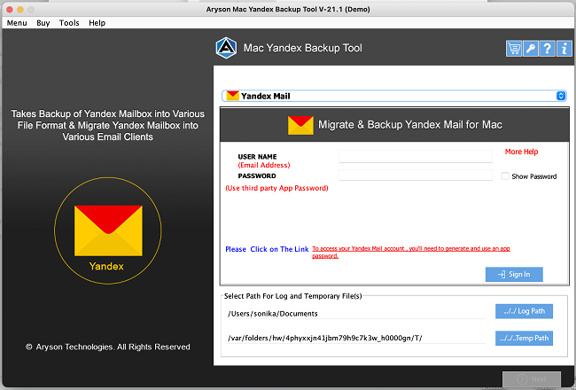 Aryson Yandex Backup Tool for Mac
